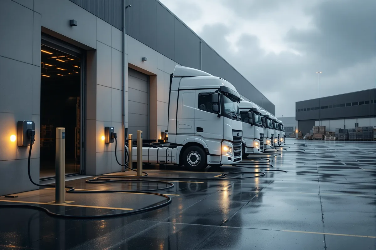 Rangée de poids lourds électriques branchés à des bornes de recharge sur un dépôt logistique