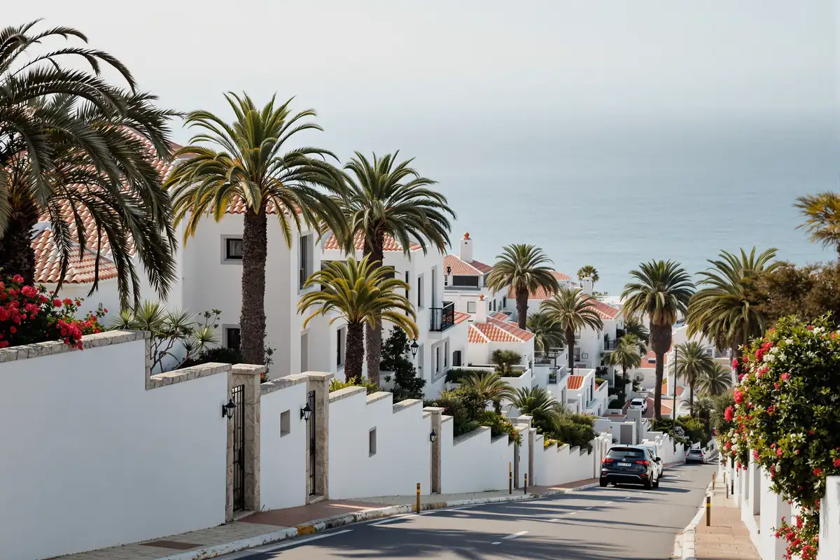 Villas blanches et palmiers dans une rue en pente face à l'océan Atlantique au Portugal