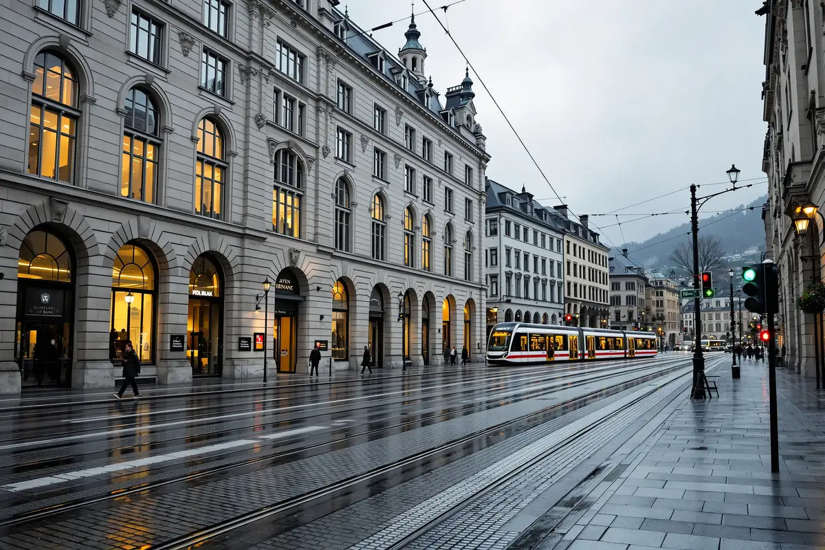 Place d'un quartier financier suisse a l'aube, batiments de pierre et rails de tramway