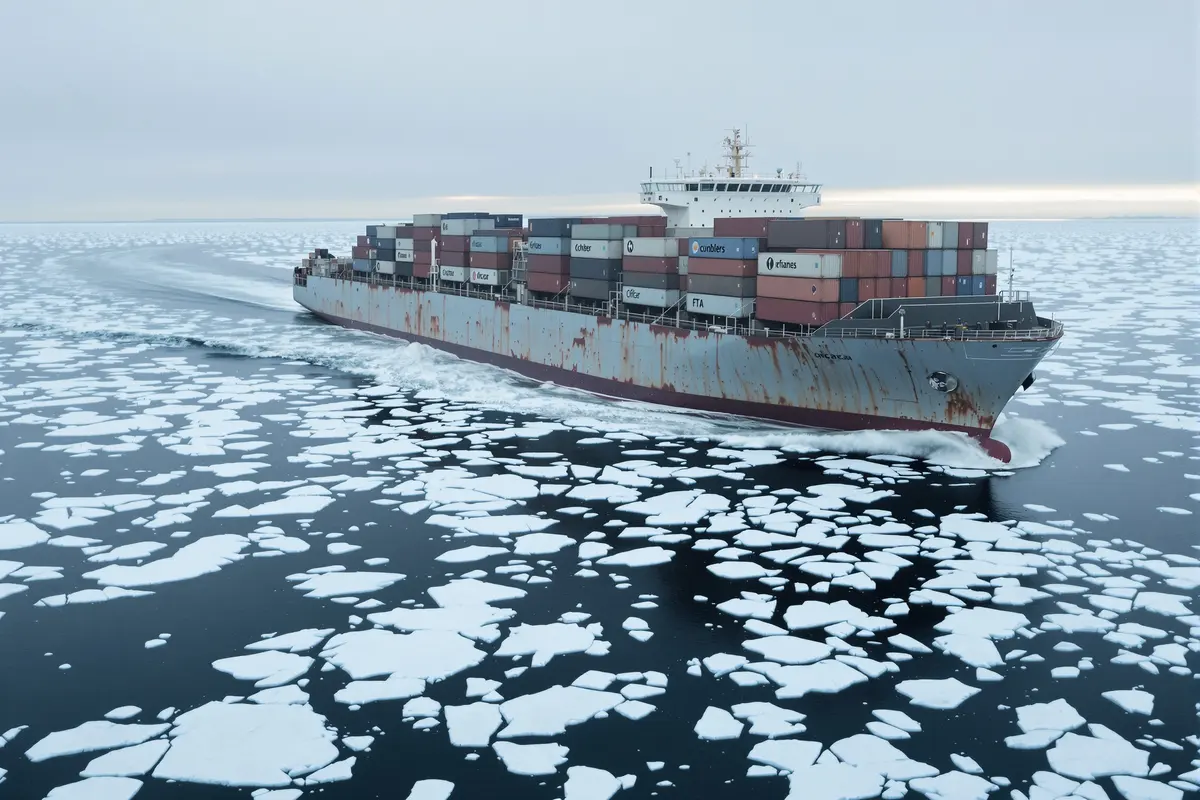Porte-conteneurs naviguant parmi les glaces de l'Arctique