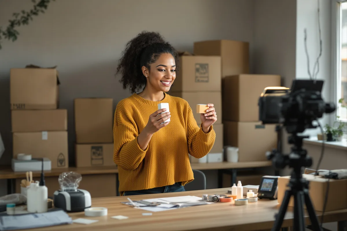 Vendeuse filmant une session de live shopping, illustration du social commerce