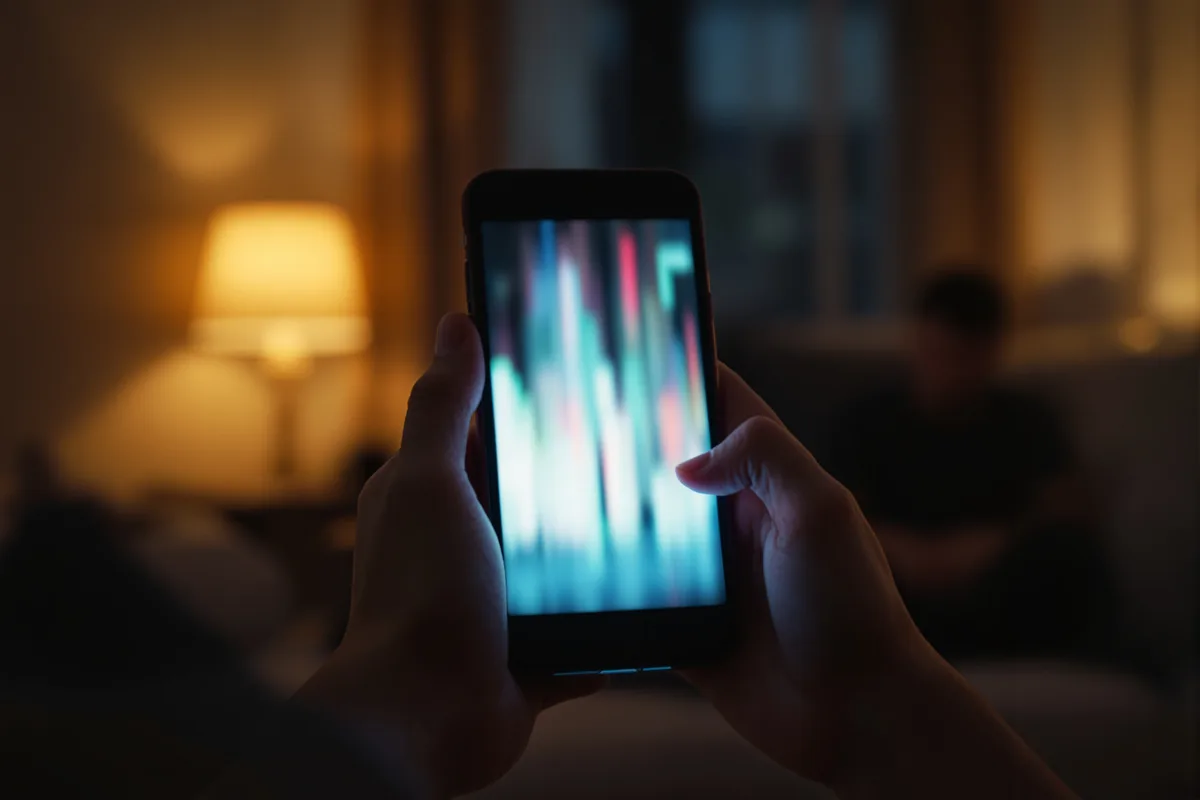 Mains d'un adolescent tenant un smartphone affichant un fil de vidéos, dans un salon le soir