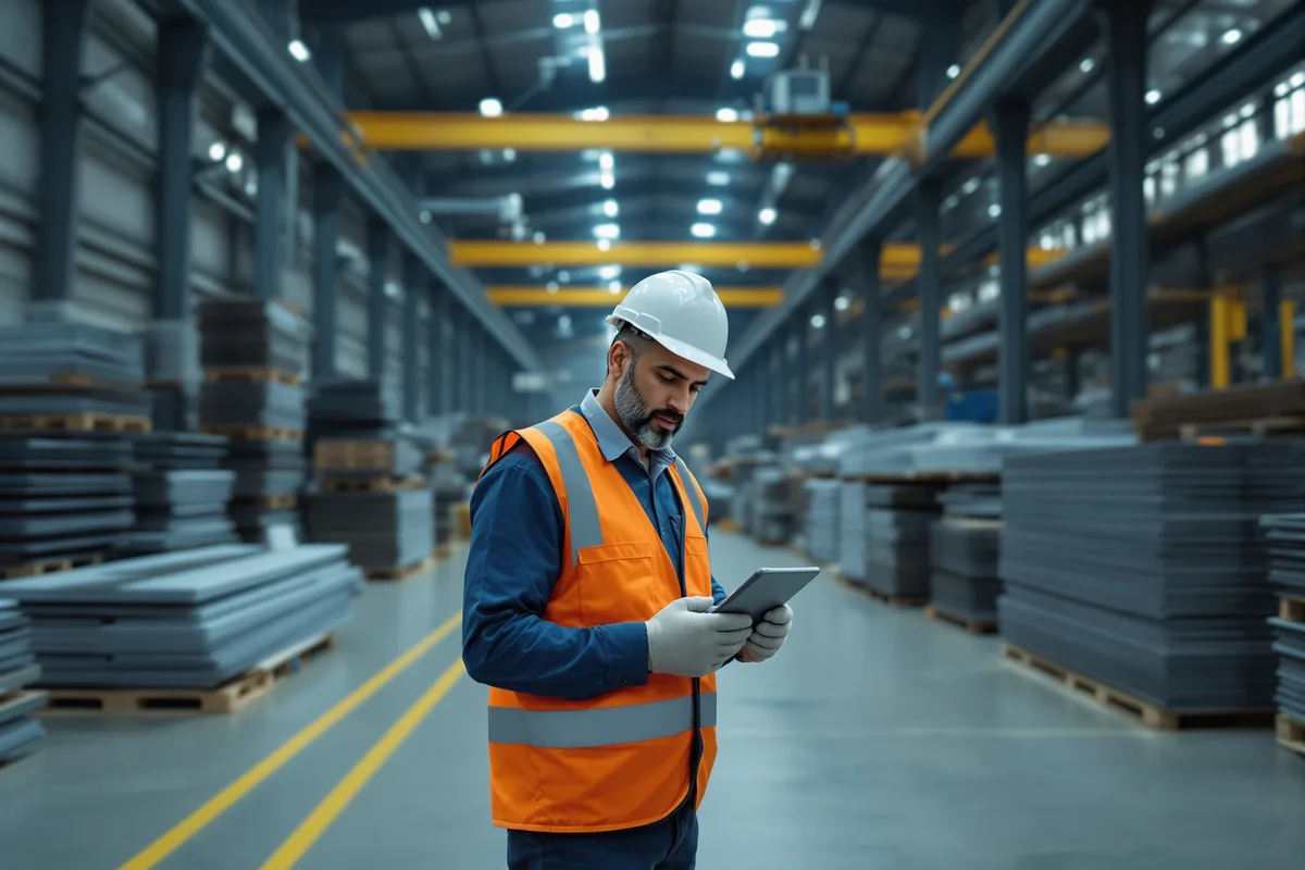 Ouvrier vérifiant un stock de tôles dans un entrepôt européen de distribution de métaux