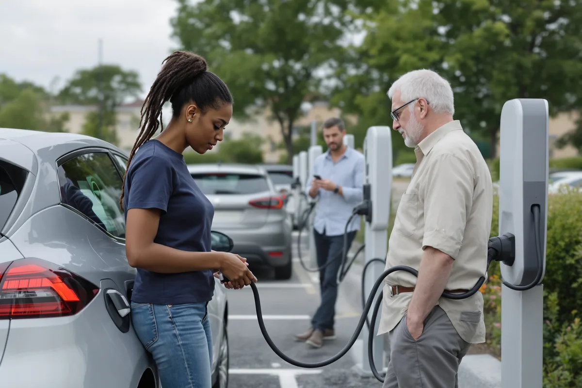 Voitures electriques en recharge sur un parking en France