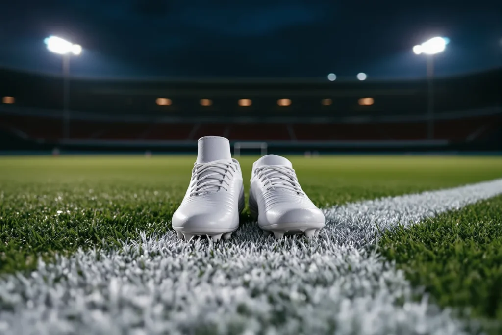Paire de crampons blancs sur la ligne d'un terrain de football