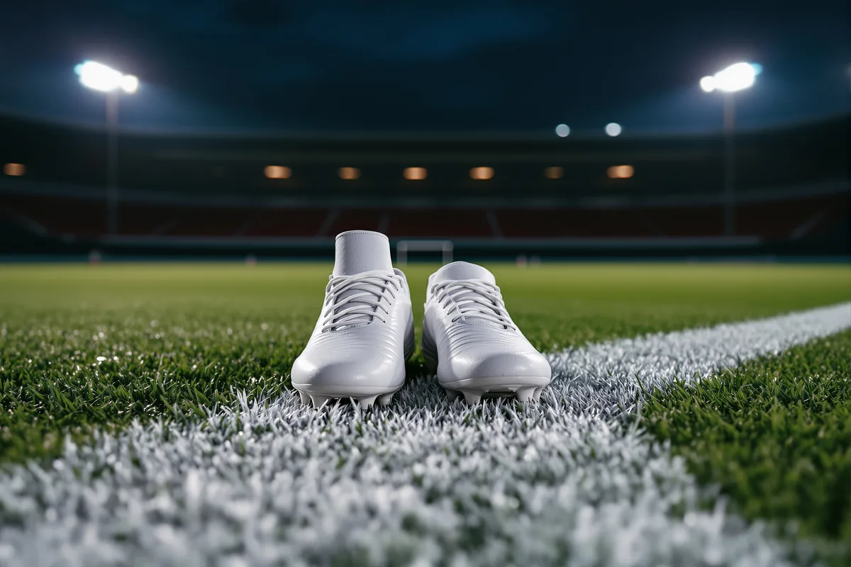 Paire de crampons blancs sur la ligne d'un terrain de football
