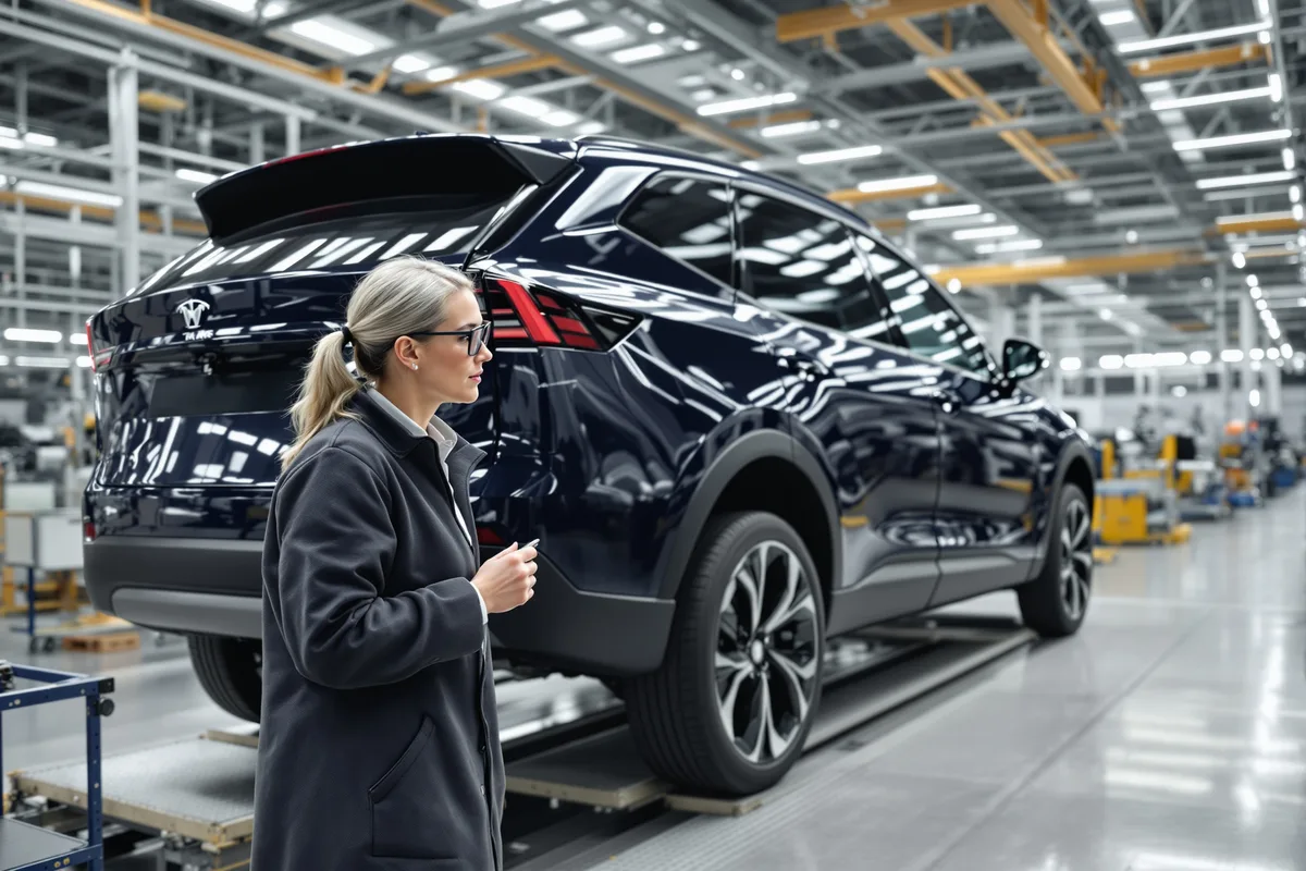 SUV électrique de luxe bleu nuit dans un atelier d'assemblage automobile