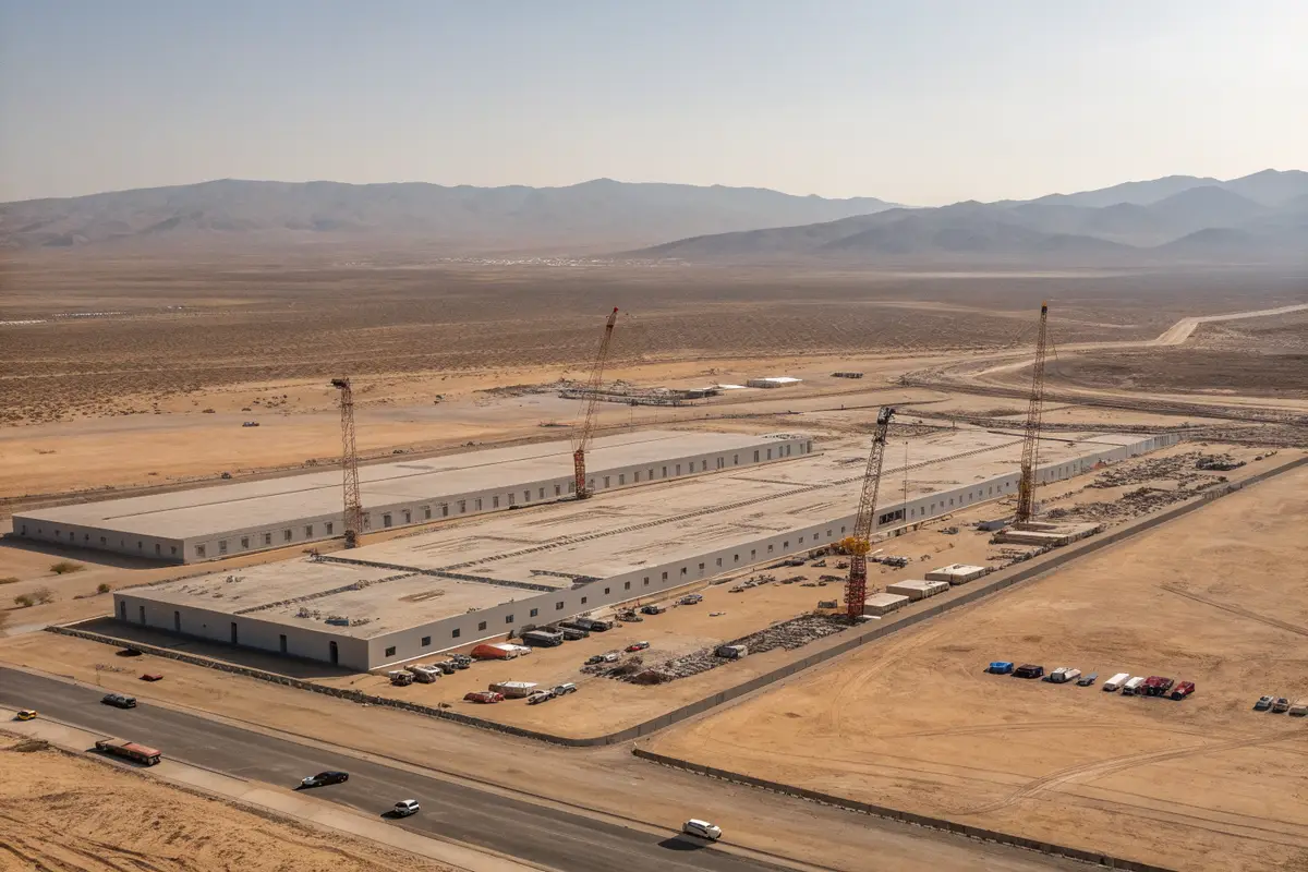 Chantier de centres de données dans une vallée désertique, grues et lignes à haute tension