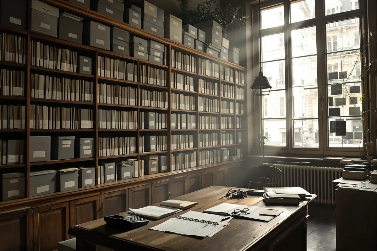 Salle d'archives administrative avec dossiers de pensions
