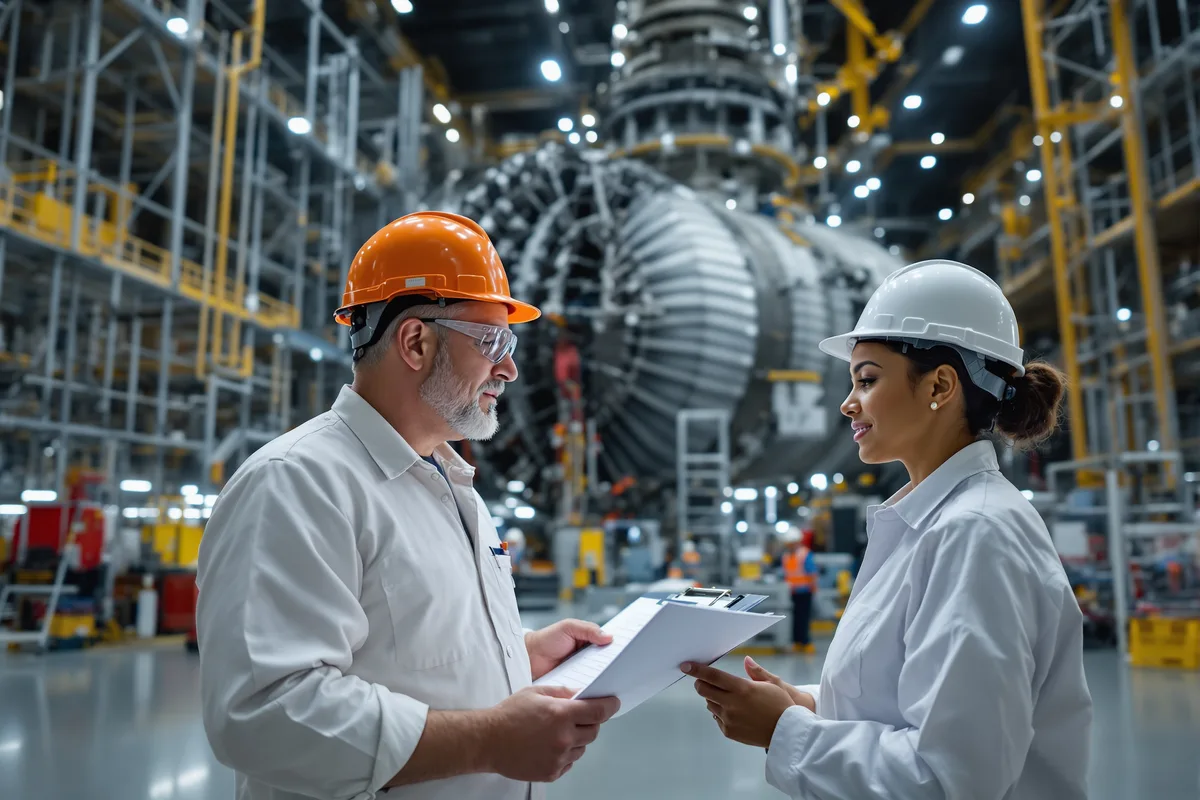 Techniciens de maintenance dans la salle des machines d'une centrale nucleaire