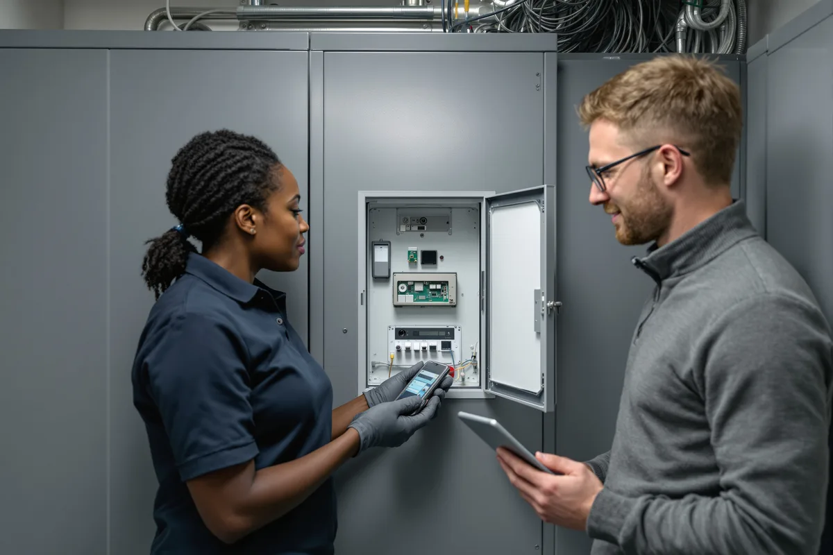 Deux techniciens remplacent un module de telealarme dans un local technique d'ascenseur