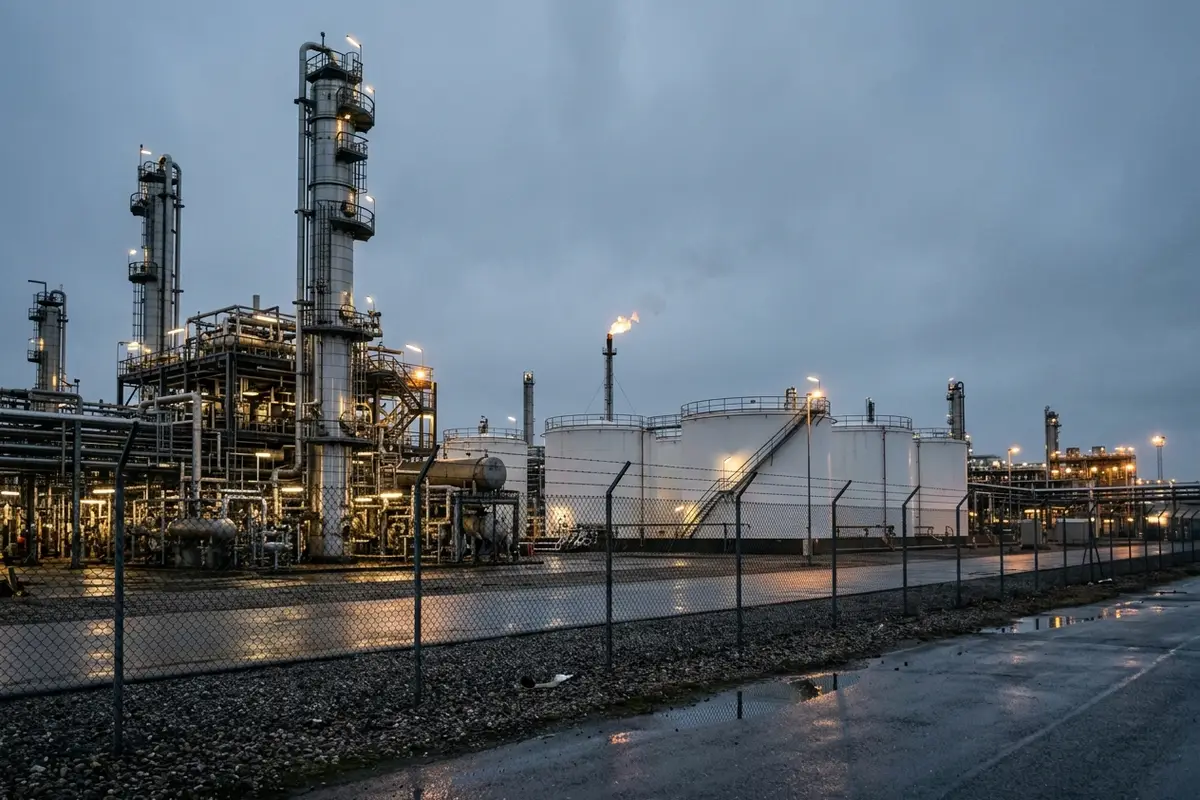 Colonnes de distillation et bacs de stockage d'une raffinerie de pétrole au crépuscule