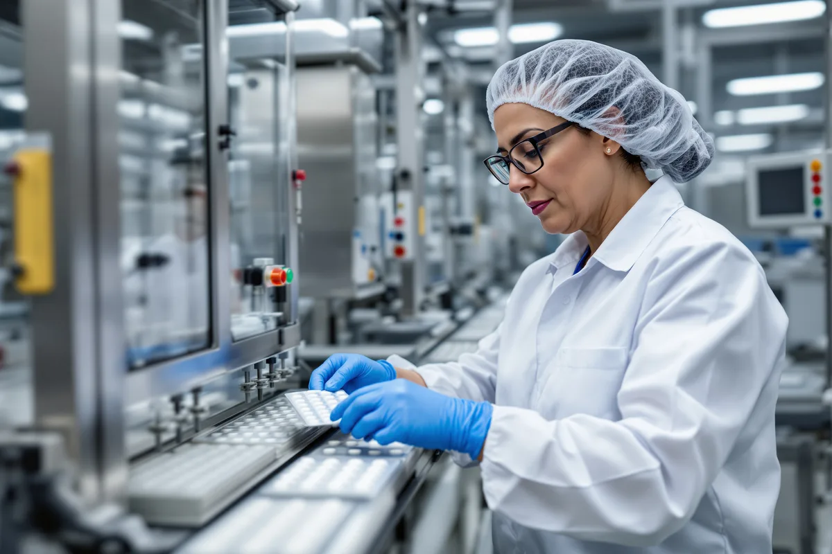 Technicienne contrôlant des plaquettes de comprimés dans une usine pharmaceutique