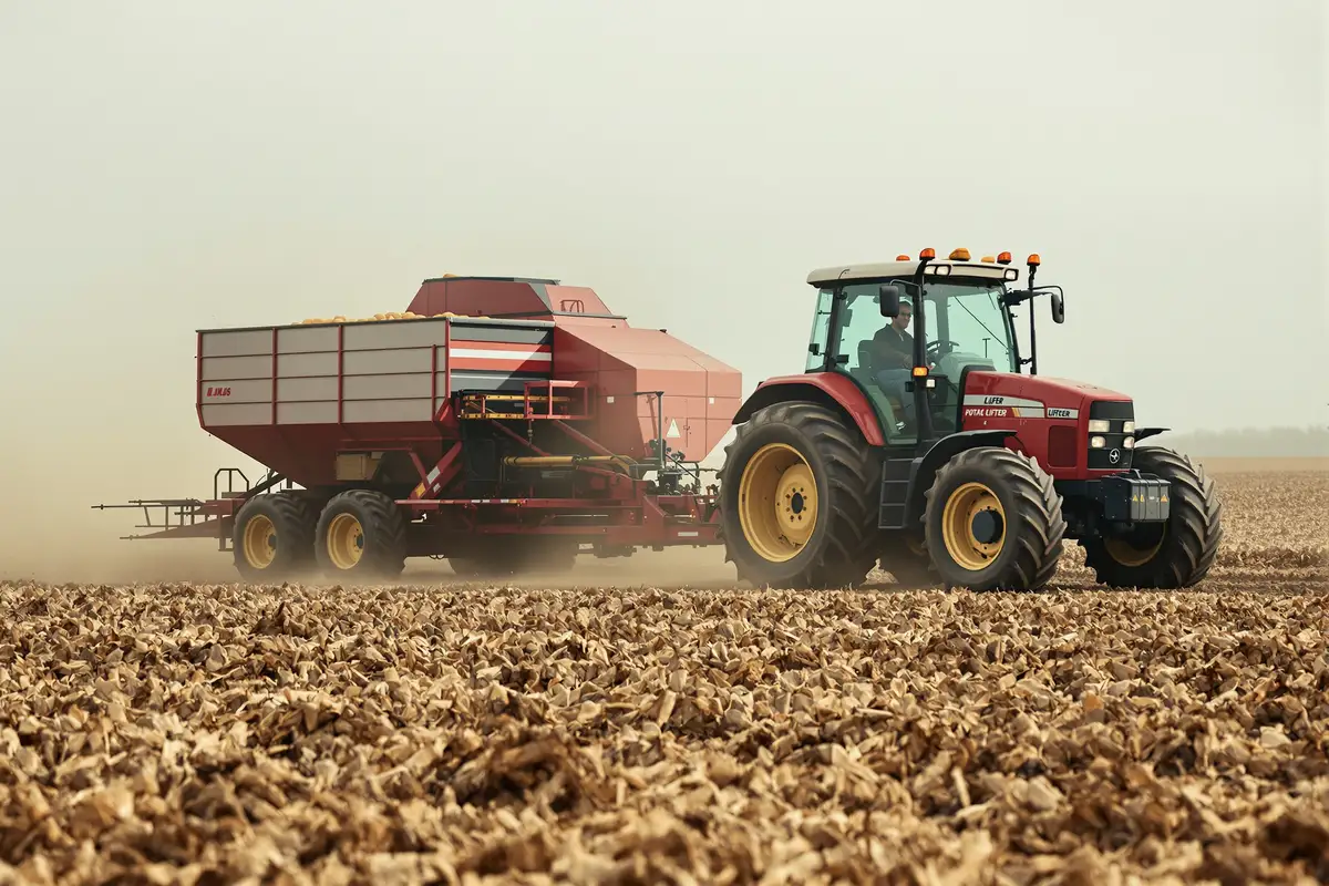 Arrachage de pommes de terre dans un champ sec du nord de la France