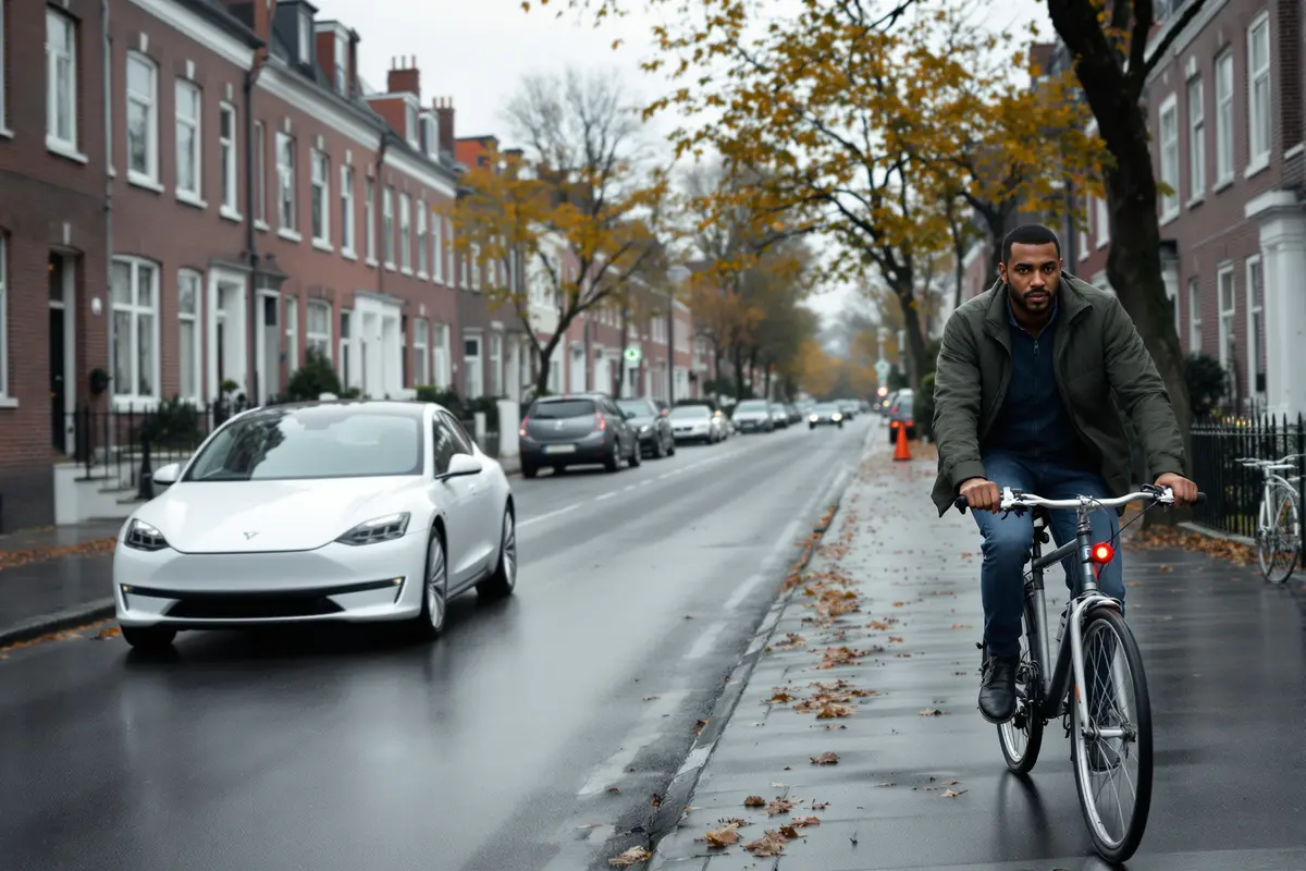 Voiture électrique et cycliste dans une rue résidentielle de Bruxelles