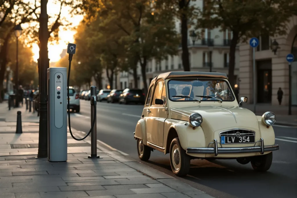 Citadine crème d'inspiration 2CV garée près d'une borne de recharge à Paris
