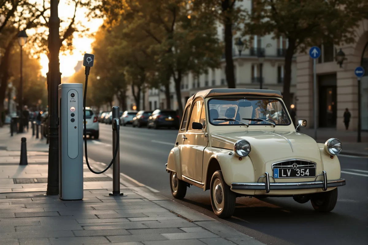 Citadine crème d'inspiration 2CV garée près d'une borne de recharge à Paris