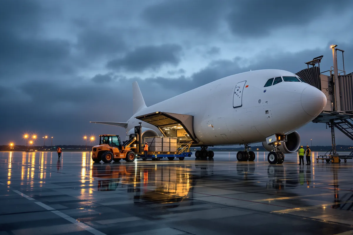 Avion-cargo gros-porteur porte cargo latérale ouverte pendant un chargement