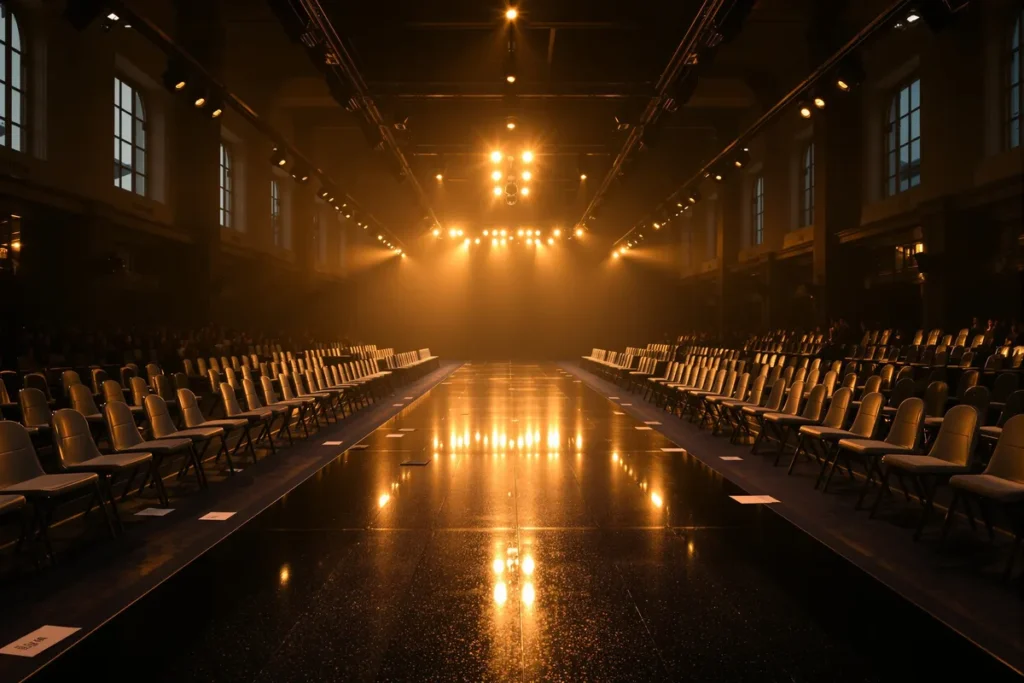Podium de défilé de mode vide sous des projecteurs dorés