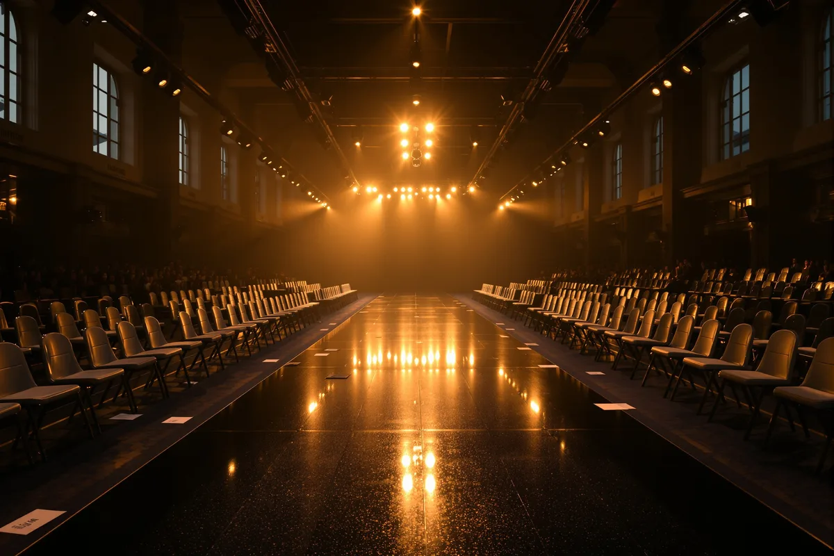 Podium de défilé de mode vide sous des projecteurs dorés