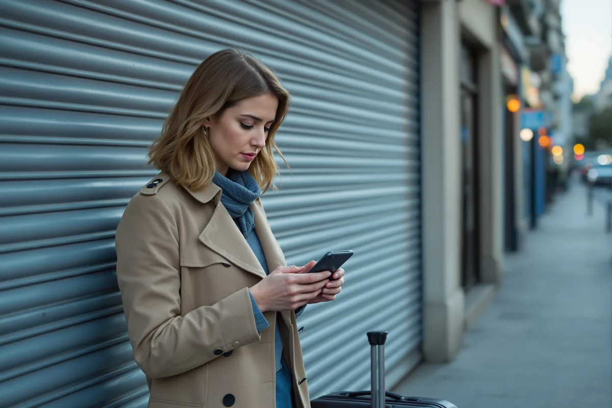 Voyageuse devant un volet roulant fermé, consultant son smartphone, valise à ses pieds