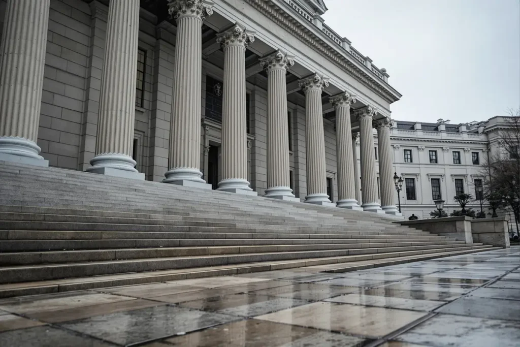 Façade néoclassique à colonnes sous un ciel couvert