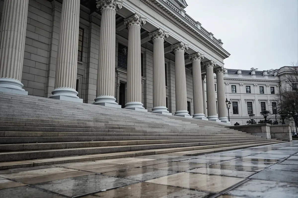 Façade néoclassique à colonnes sous un ciel couvert