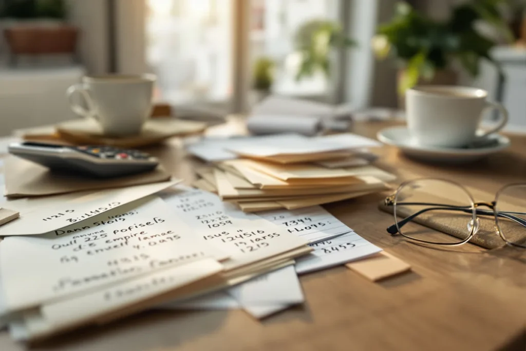 Table de cuisine avec factures, calculatrice et carnet de comptes