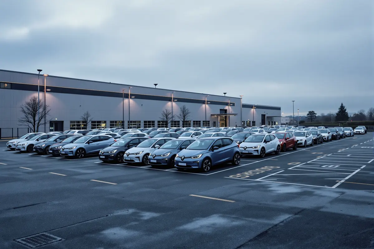 Rangées de voitures électriques devant une usine en France