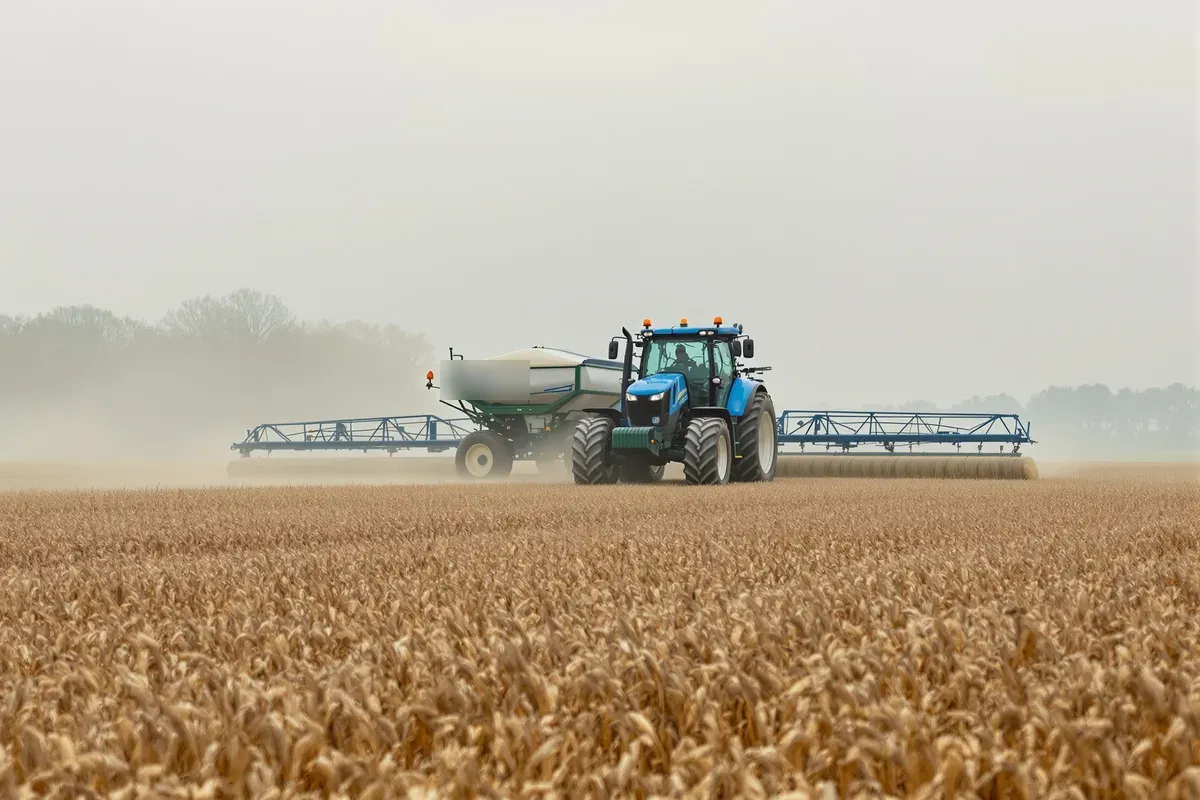 Tracteur épandant de l'engrais dans un champ de céréales
