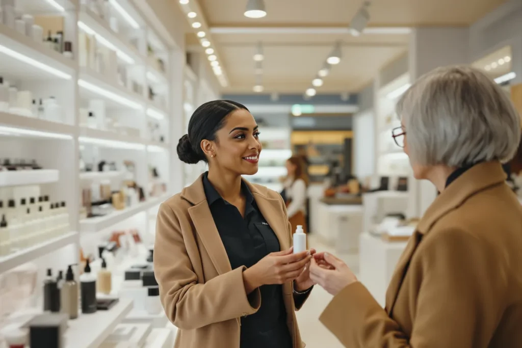 Conseillère beauté présentant un soin à une cliente dans une parfumerie