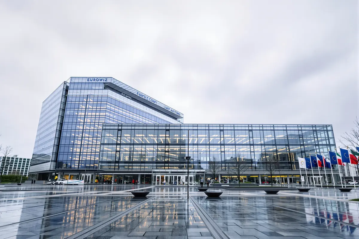 Bâtiment moderne d'institution européenne à Luxembourg sous un ciel couvert