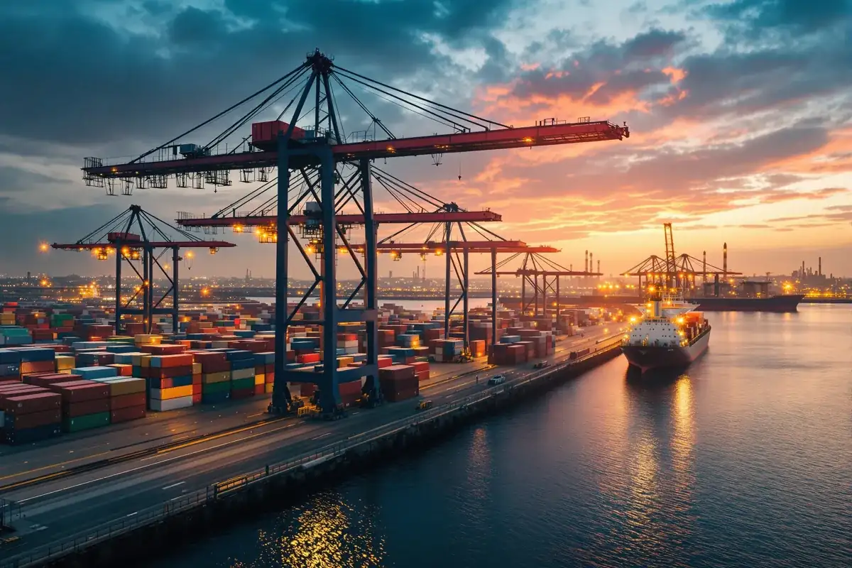 Terminal à conteneurs au crépuscule, grues portuaires et cargo à quai