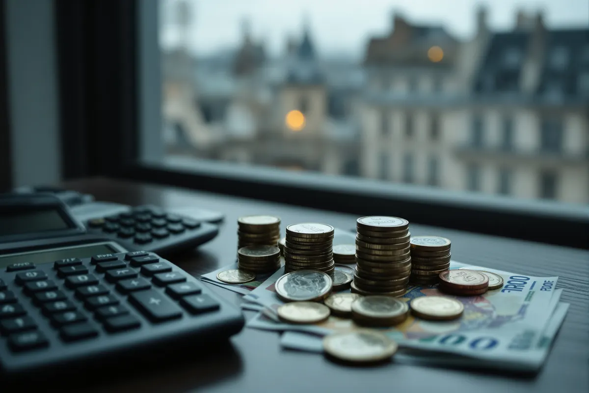 Pièces et billets d'euros devant une fenêtre donnant sur Paris
