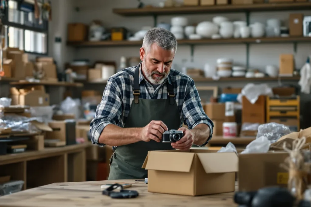 Un homme emballant un appareil photo d'occasion dans un carton, dans un atelier de vente en ligne