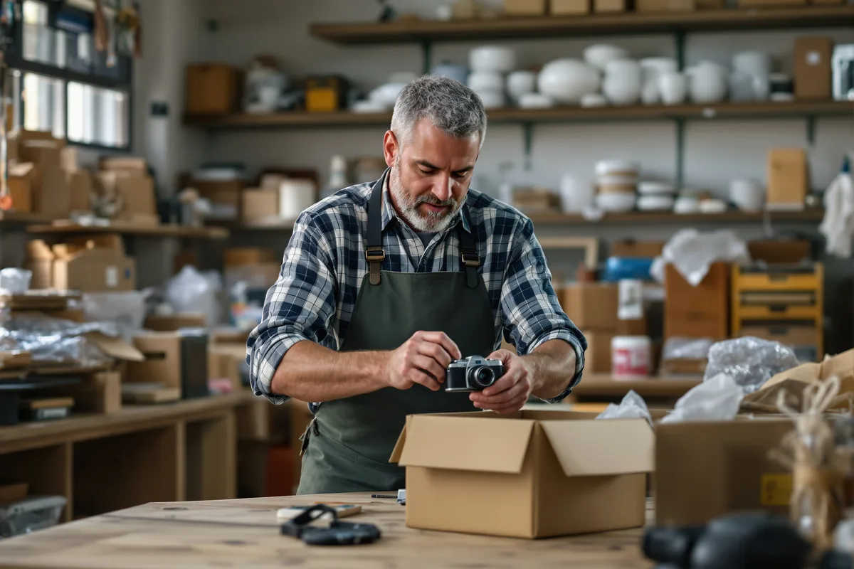 Un homme emballant un appareil photo d'occasion dans un carton, dans un atelier de vente en ligne