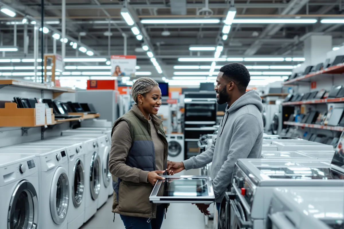 Vendeuse et client devant des fours dans un magasin d'électroménager