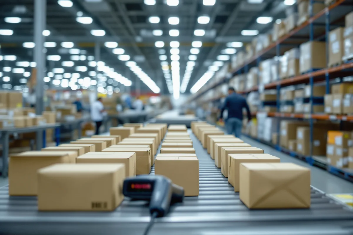 Colis sur un tapis de tri dans un centre logistique