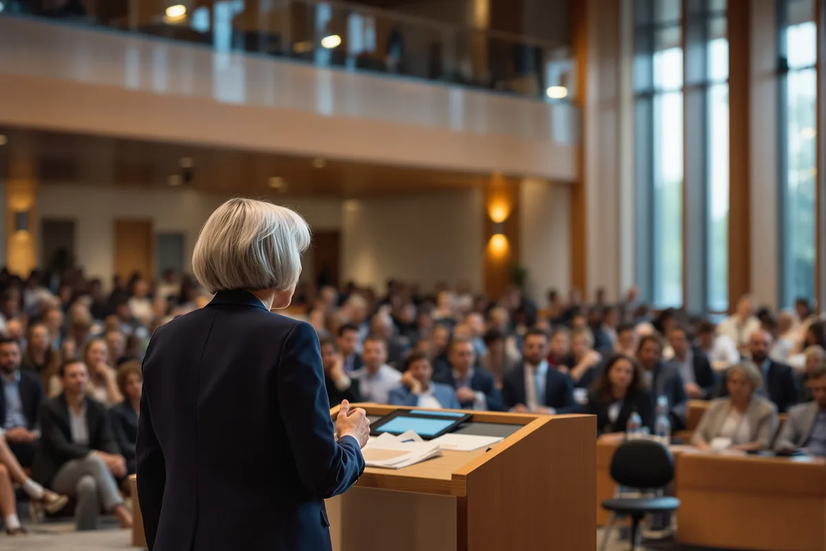 Intervenante à un lutrin devant un public de professionnels européens dans un auditorium moderne à Rome