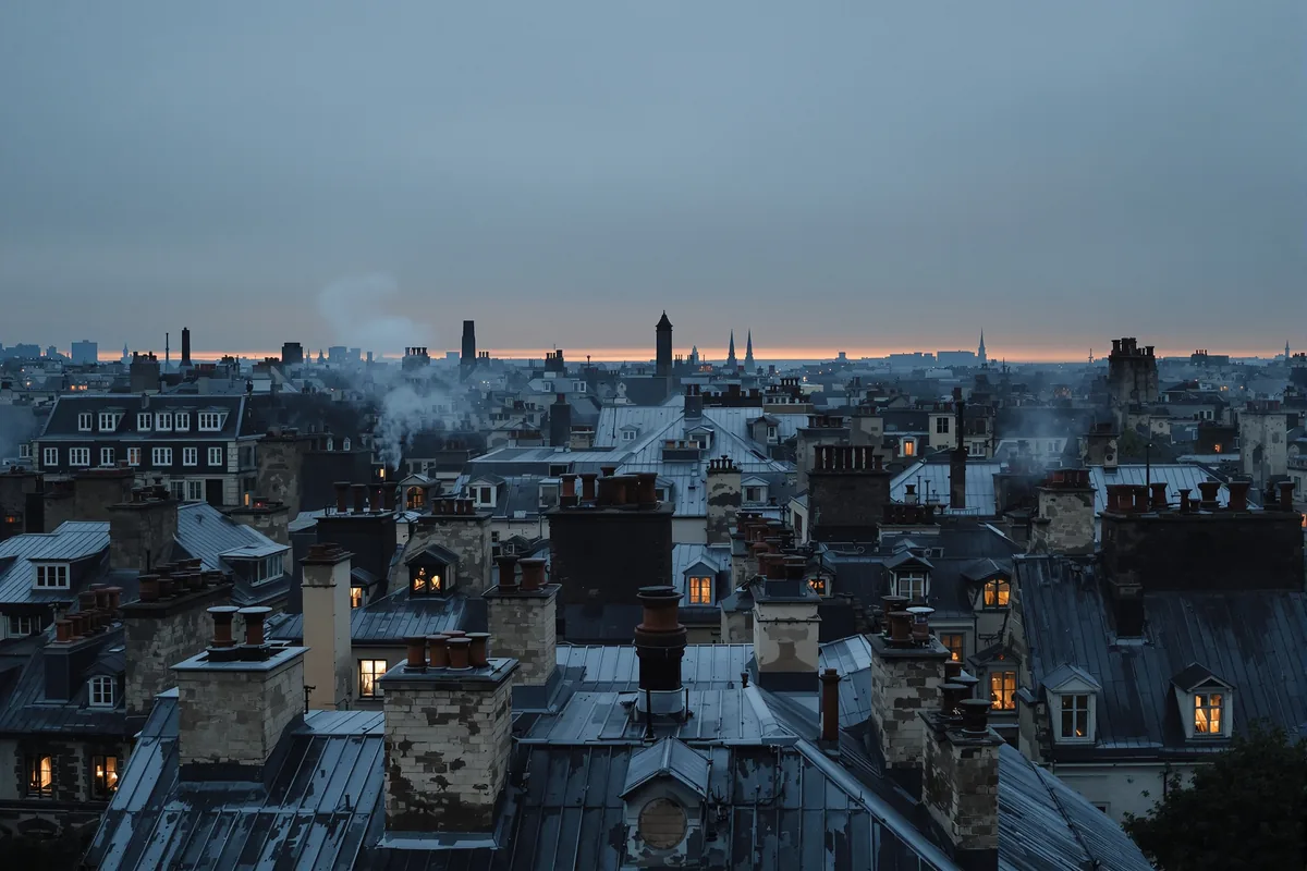 Toits de Paris au crépuscule en automne, cheminées et fenêtres éclairées