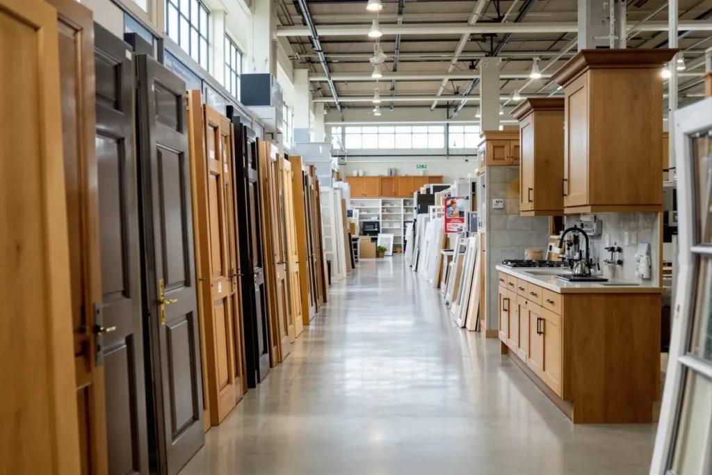 Allée d'un magasin d'aménagement de la maison avec portes et cuisine d'exposition