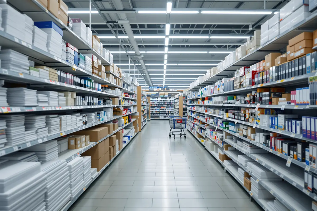 Rayon de papeterie et de fournitures de bureau dans un magasin, illustration de la cessation de paiements d'Office Depot France