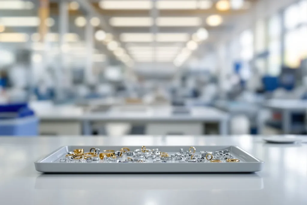 Plateau de bijoux dans une usine de joaillerie