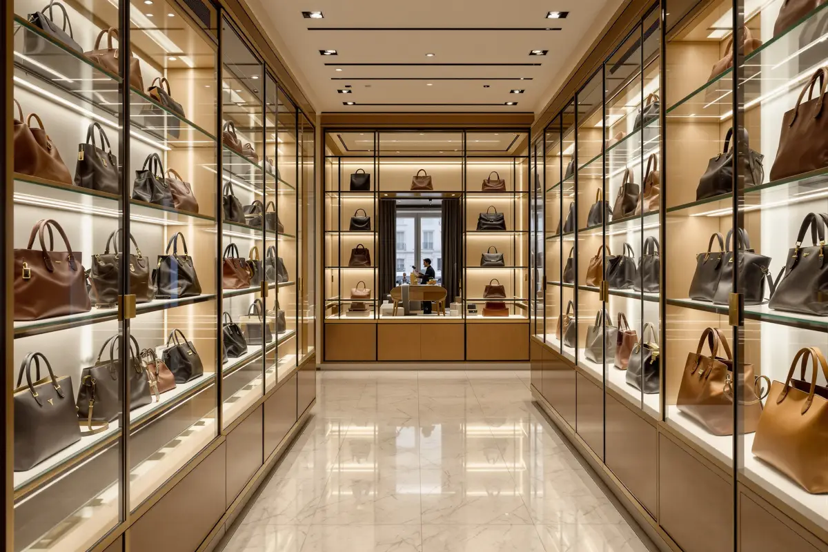 Boutique de maroquinerie de luxe vide, sacs à main exposés sur des étagères éclairées