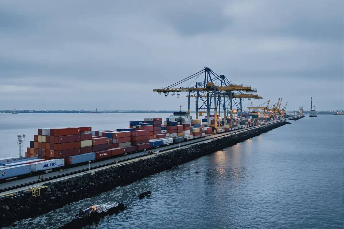 Terminal à conteneurs sur la mer Caspienne avec voie ferrée et grue portuaire