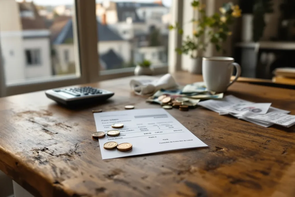 Fiche de paie, pièces d'euros et calculatrice sur une table de cuisine