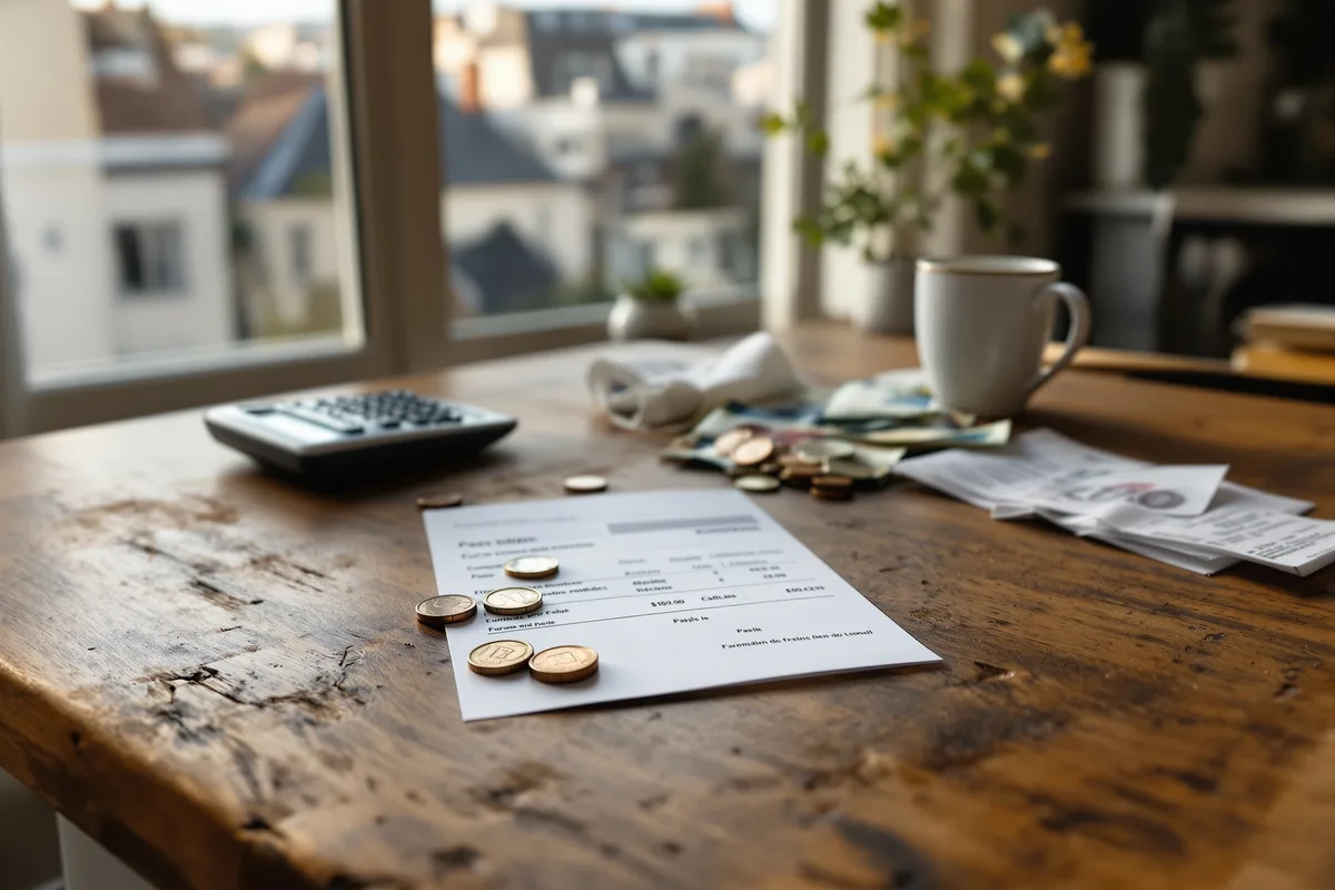 Fiche de paie, pièces d'euros et calculatrice sur une table de cuisine