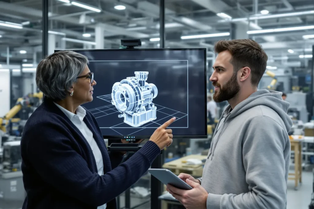 Schneider Electric PTC : ingénieurs examinant une maquette numérique de pièce industrielle
