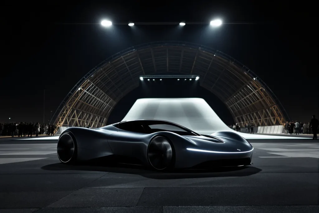 Supercar électrique argentée devant une grande rampe incurvée éclairée de nuit