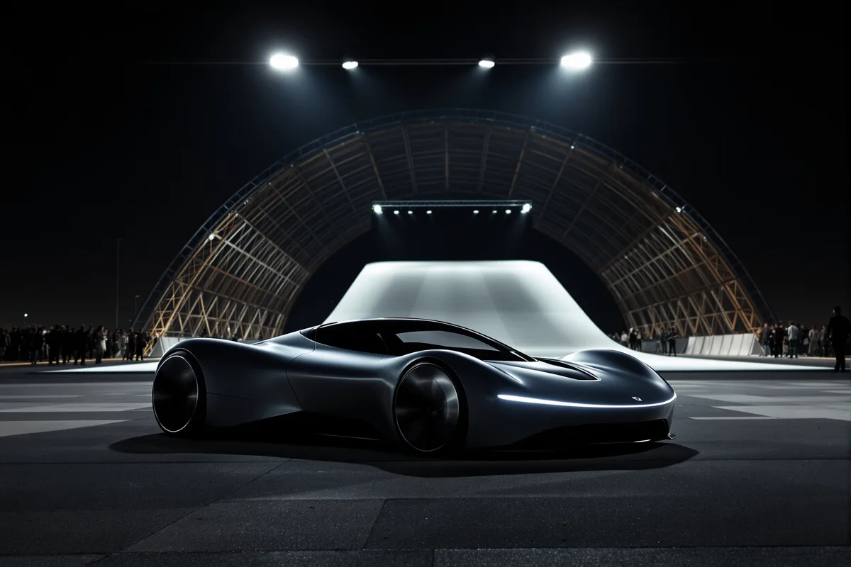 Supercar électrique argentée devant une grande rampe incurvée éclairée de nuit
